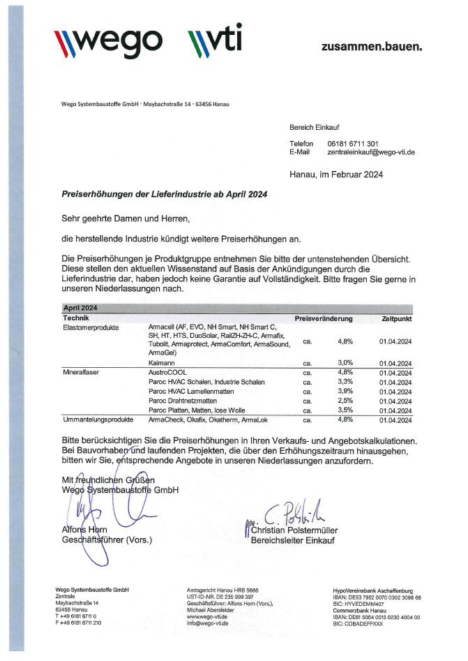 Bild zeigt eine Preisliste für Baustoffe bei Wego Systembaustoffe, gültig ab April 2024, mit aktuell.