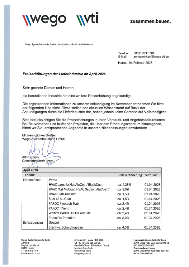 Übersicht der Baustoffpreise bei Wego Systembaustoffe im April 2026.