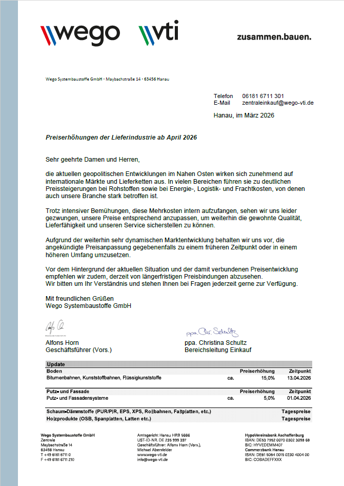 Hochwertige Baustoffe und Systemlösungen für Bauprojekte bei Wego VTI.