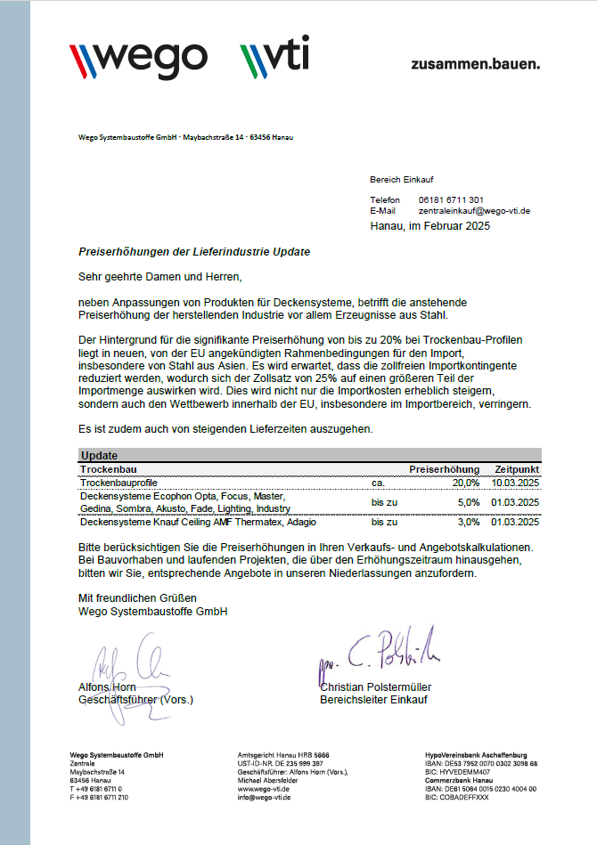 Preisupdate für Trockenbauprodukte bei Wego Systembaustoffe, aktuelle Preise und Lieferzeiten.
